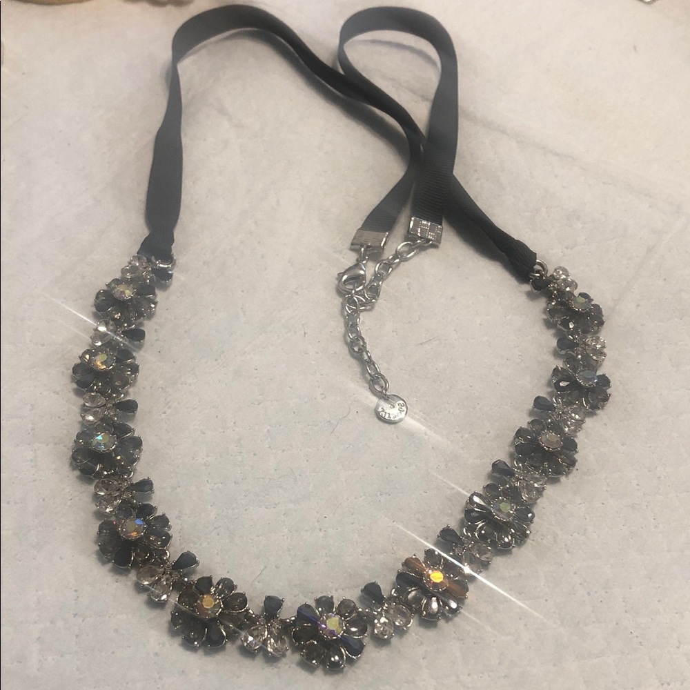 Talbots Black Floral Crystal Ribbon Necklace